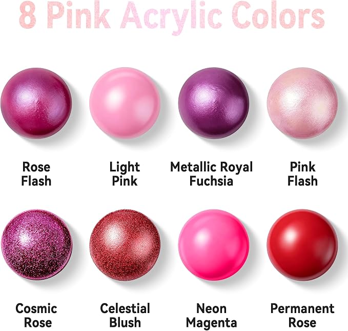 AUREUO Pink Acrylic Paint Set - 8 Hot Pink Colors x 0.71 Fl Oz / 21ml