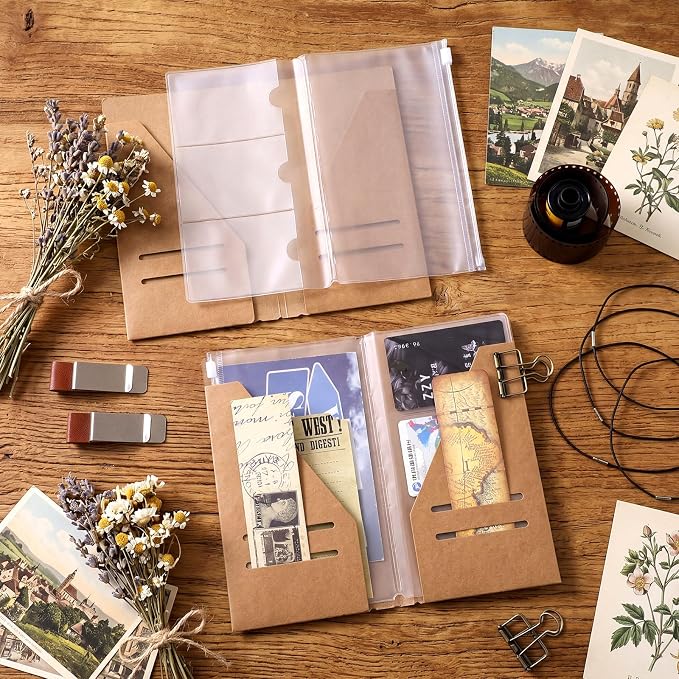 Mooliwe 2 Pack Travelers Journal Notebook Accessories Kit, A6 Size | Kraft File Folder, Zipper Case, Pen Holder, Binder Clip and Elastic Bands, Refillable Insert Organizer for Travel Journals