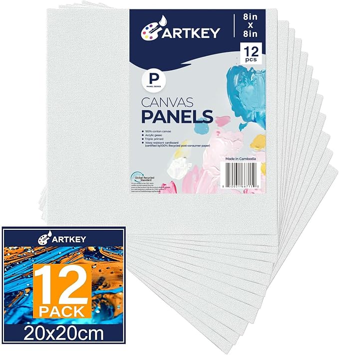 Artkey Canvas Panels 8x8 Inch 12-Pack, 10 oz Primed 100% Cotton White Blank Canvases for Painting, Square Flat Canvas Boards for Oil Acrylics Watercolor & Tempera Paints