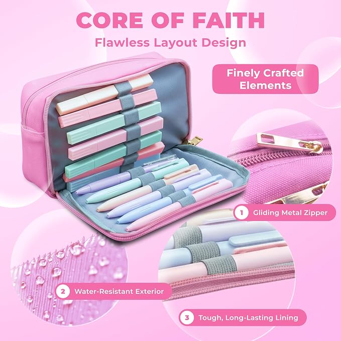 48 Pcs Bible Study Supplies for Women, Bible Journaling Kit Includes Bible Pencil Case, Tags, Pens, Highlighters, 4 Color Clear Sticky Notes, Notebook, 15 Clips, 4 Rolls of Washi Tape & More (Pink)