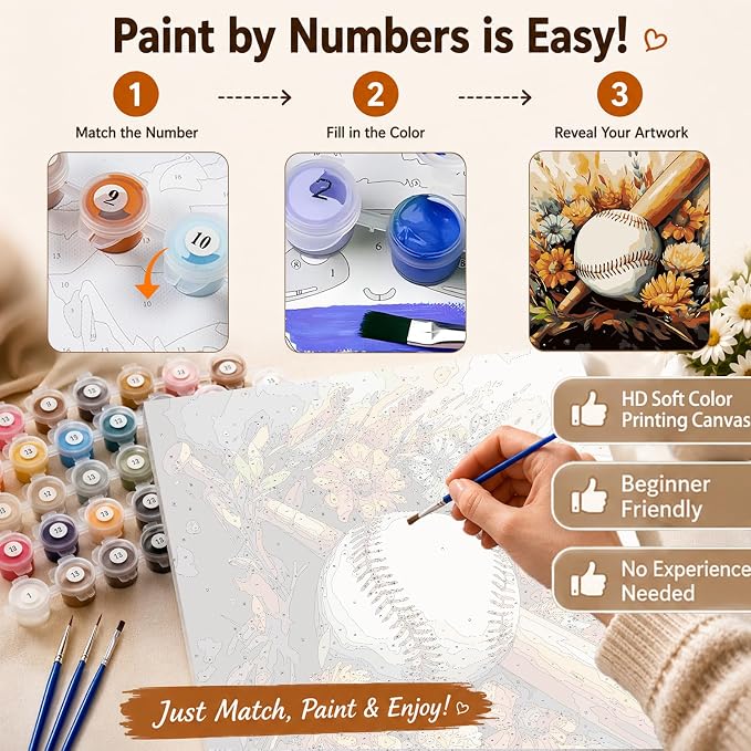 AUKELHJ Paint by Numbers Kit for Adults Beginner, Baseball, 16X20 Inch | Paint by Number for Adults, Beginner Friendly, High-Definition Color Canvas, Stress Relief, Home Decor, Gifts, Unframed
