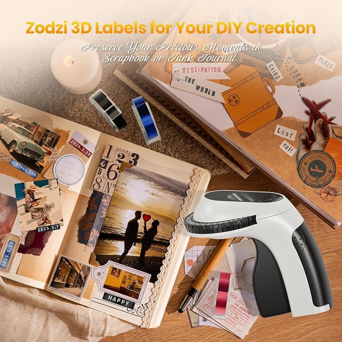 Zodzi Label Maker,Embossing Label Maker,Manual Embossed Label Maker Machine | for DIY Crafts,Junk Journal Scrapbook Supplies,Old School Embosser with 3 Rolls 9mm 3D Labeler Waterproof Tapes