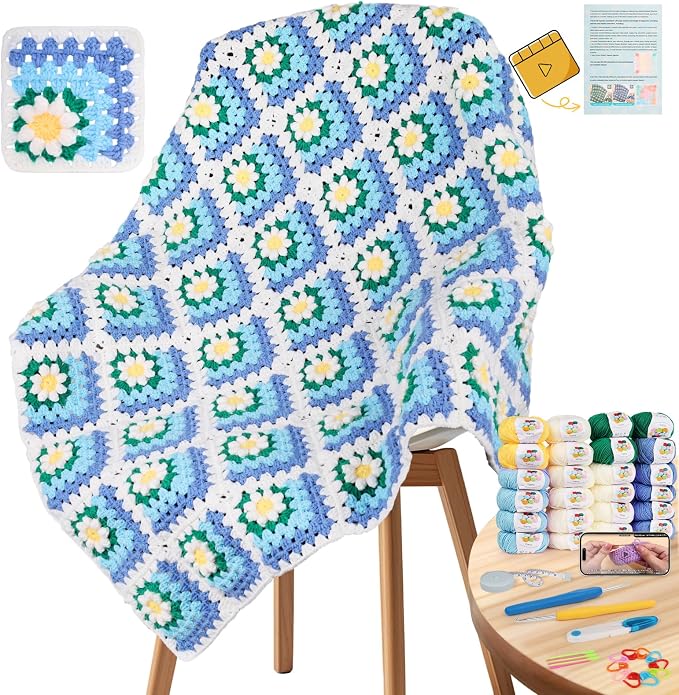Coopay Crochet Kit for Beginners, Easy 3D Granny Square Blanket Kit, Blue