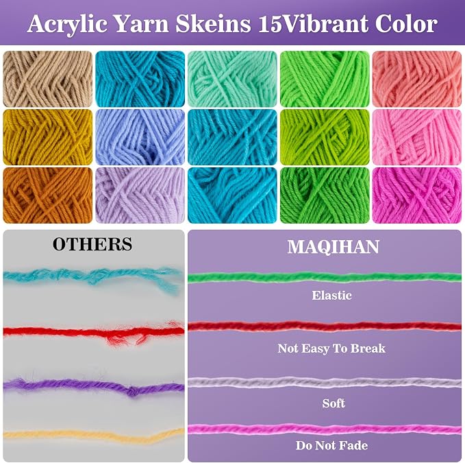 MAQIHAN Acrylic Yarn for Crocheting - 15x20g Soft Knitting Yarn for Crafts | Multicolor Yarn Skeins for for Handicraft, Bulk for Crochet & Knitting Beginners, Adults, Assorted Colors for Handmade Crafts