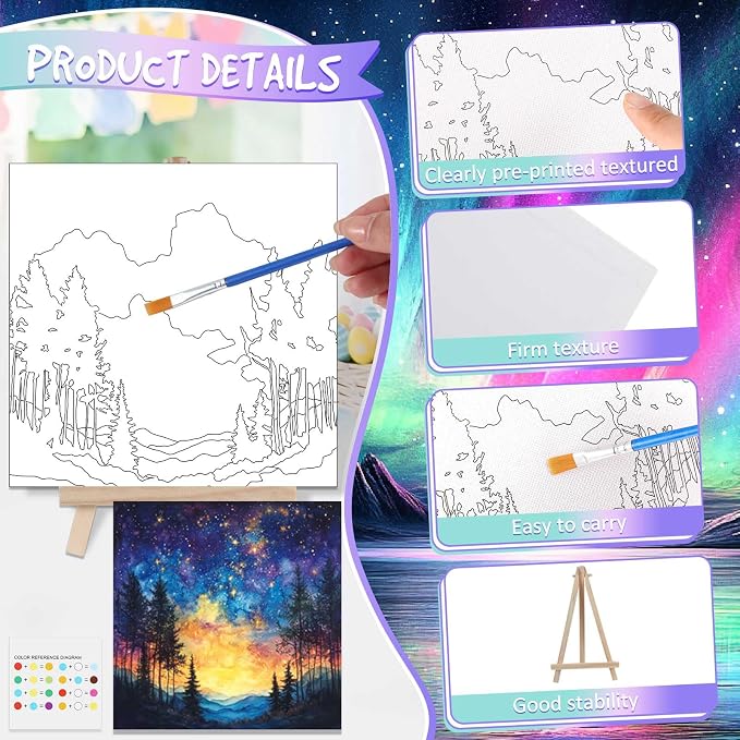 Tenceur 12 Sets Pre Drawn Canvas to Paint Adult Stretched Coloring Painting Canvas Panels with Design Easel and Brushes for Party Supplies Beginner Favor(Starry Aurora)