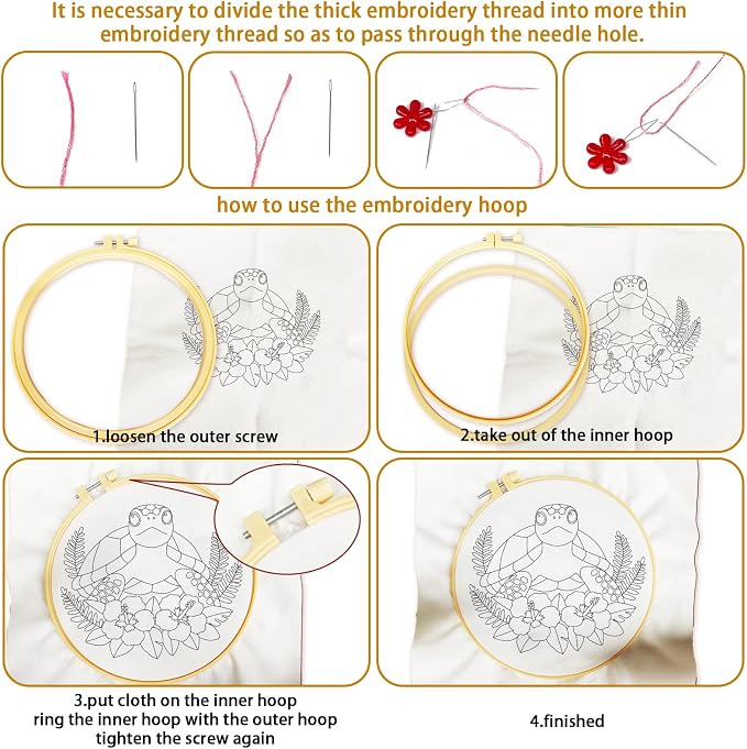 BEUNITONE 4 Sets Sea Turtle Embroidery Kits for Beginners DIY Craft Kits for Adults with Printed Patterns, Hoops and Instructions, Hibiscus Flower Needlepoint Kits for Clothing and Home Decor