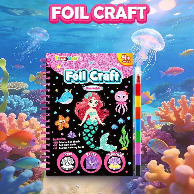 FUNNYB&G Foil Art Craft Kit for Kids, Sparkly Birthday Gift Toy for Girls | No Mess, Kids Ages 4-10 Create Sparkling Artwork, A Creative Gift for Birthdays, Holidays, Travel Activities,Screen-Free Fun