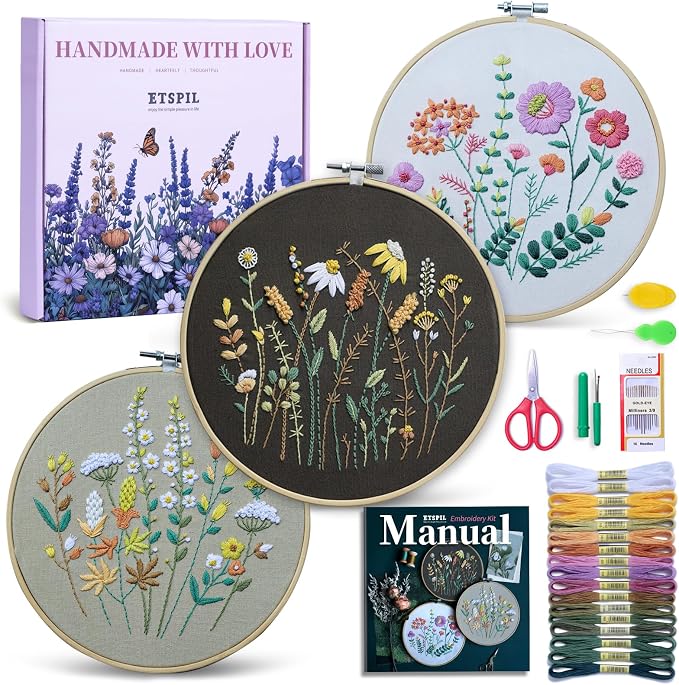 ETSPIL Embroidery Kit for Beginners, 11 Stitches, Easy to Follow, 4K Video | Pre-Printed Fabric, No-Wash. Bound Manual, Step-by-Step. 16 Needles, 14 Colors, 20% Extra. All in One Box. Quiet Time at Home