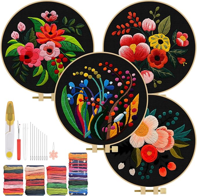 TINDTOP 4 Pack Embroidery Kit for Adult, Embroidery DIY Starter Kit, with Stamped Patterns, Hoop, Tools, Colorful Threads with Needles, Instructions
