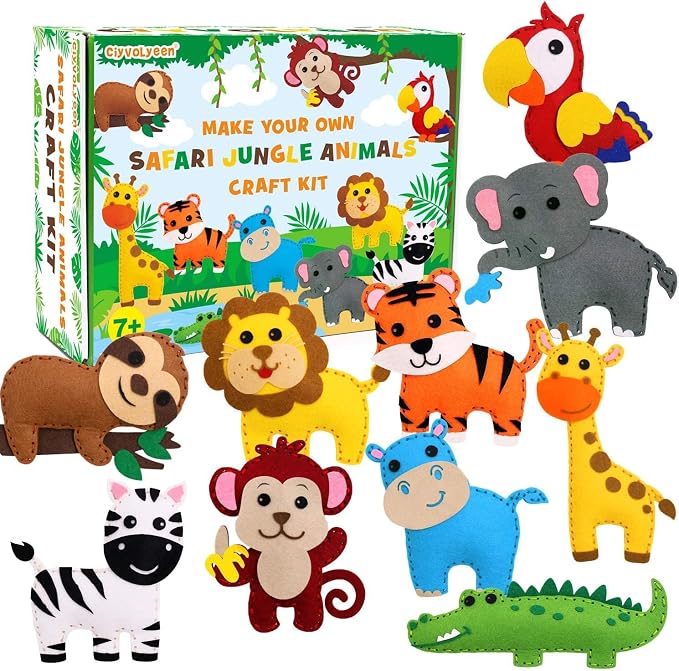 CiyvoLyeen Kids Sewing Kit Crafts - Safari Jungle Animal DIY Felt Crafts for Boys & Girls Art & Craft Set Learn to Sew Toy Animals Gift for Ages 7–12, 10 Cute Projects