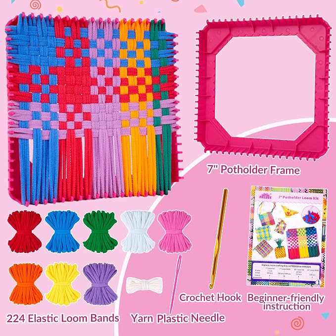 PREBOX Weaving Loom Kit Toys for Kids and Adults, Potholder Loops Crafts for Girls Ages 6 7 8 9 10 11 12, 7" Pot Holder Loom Knitting Kits and Gifts for Kids and Beginners, Make 6 Masterpieces