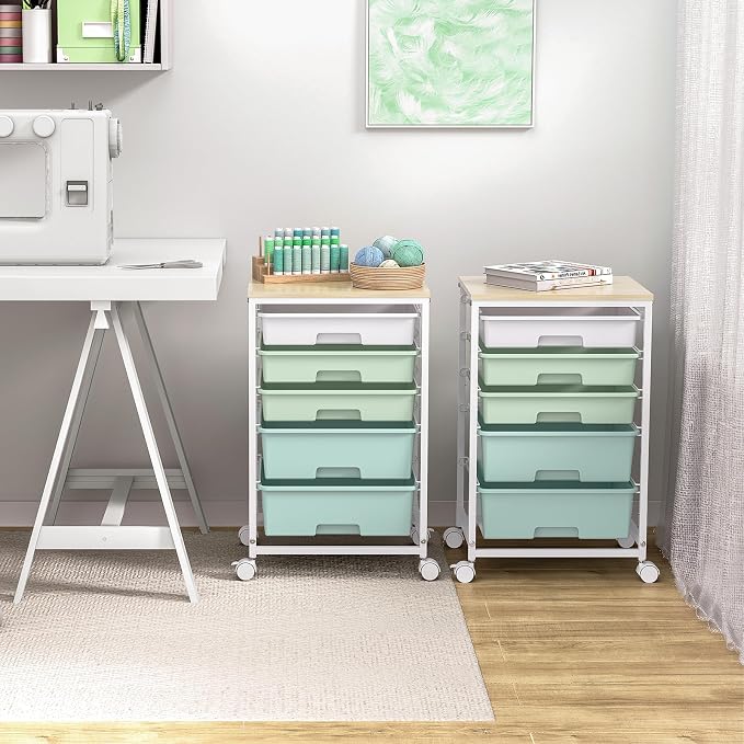 SYKIARIOL Rolling Cart with Drawers,5 Drawers Storage Cart,Light Green | 5-Tiers Utility Cart with Drawers with Lockable Wheels for Craft Organizers and Storage,Home Office,Classroom,Dorm,Playroom
