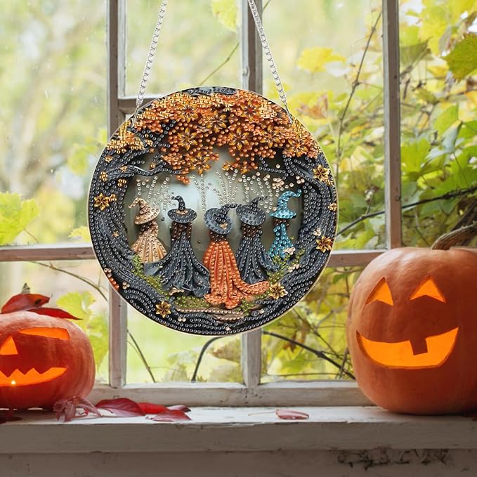 Bowetile Witch Diamond Art Hanging Kits for Adults, Halloween Diamond Art Suncatchers Fall, 5D Special Shape Autumn Diamond Painting Pendant Window Ornament Gifts for Home Door Wall Decor