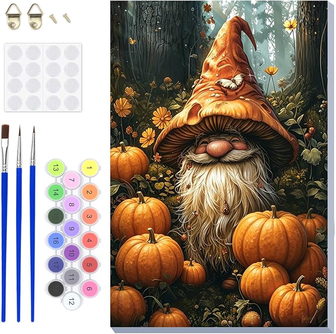 DOMROM Gnome Paint by Numbers Kit for Adults, Gnome DIY Acrylic Oil Painting on Canvas, Halloween Paint by Number Kit, Fall Home Decor Craft Gift 8x12 Inch
