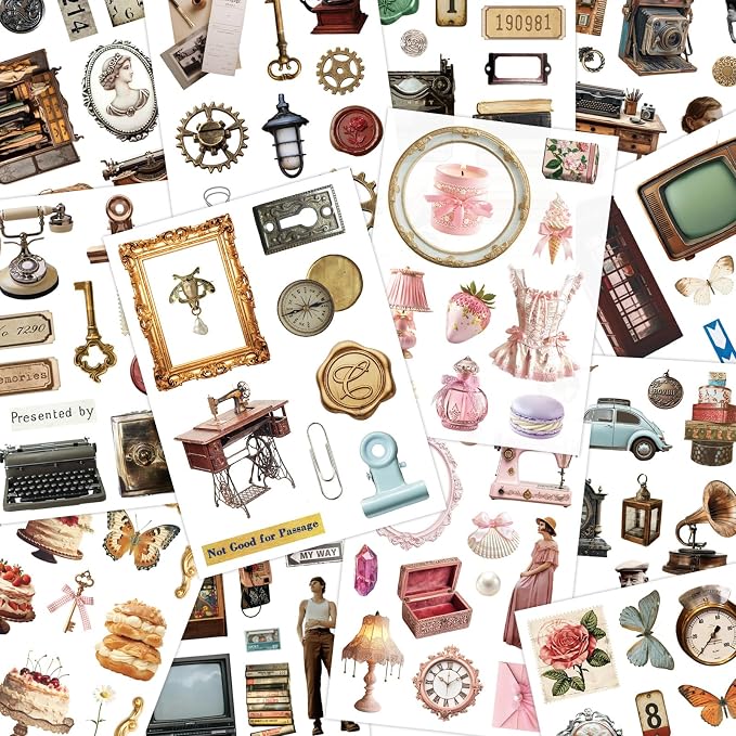 PRSTINCOL Vintage Sticker Book with 30 Pages and 300+ Aesthetic Stickers for Scrapbooking Supplies and Retro Bullet Journal