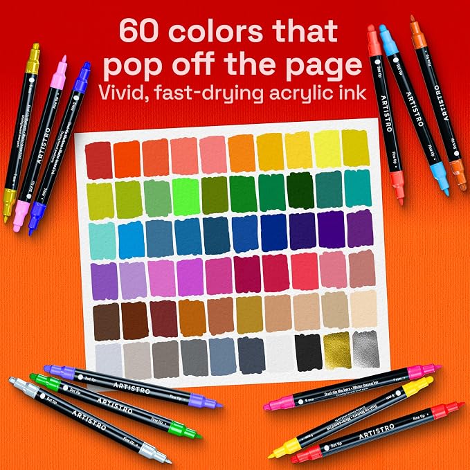 ARTISTRO Dual-Tip Acrylic Paint Marker Pens - Set of 60 | For Fabric, Rock, Glass, Wood, & Coloring Books, Arts & Crafts Gift, Classroom Must Haves & School Supplies (Dot & Fine Tips)