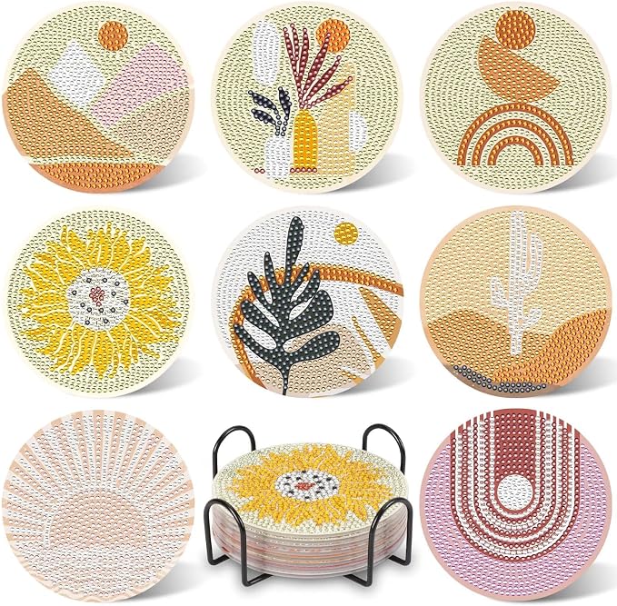 UPINS 8Pcs Boho Diamond Art Painting Coasters for Drinks | DIY Coaster Diamond Art Kits,for Adults Kids Beginners Diamond Art Craft Supplies
