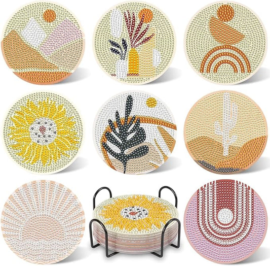 UPINS 8Pcs Boho Diamond Art Painting Coasters for Drinks | DIY Coaster Diamond Art Kits,for Adults Kids Beginners Diamond Art Craft Supplies