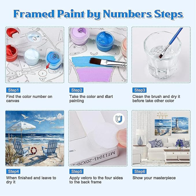 Clendo 4 Pack Beach Paint by Numbers Kit for Adults Beginners Framed - DIY Coast Adults Paint by Numbers Kits on Canvas, Small Easy Acrylic Oil Painting for Home Wall Decor (8 x 8 Inch)