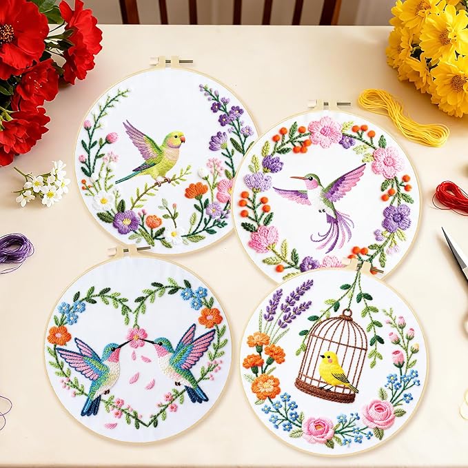 BEUNITONE 4 Set Wreath and Bird Pattern Embroidery Kit for Adult Beginners | DIY Complete Needlepoint Kits for Adults, Handmade Embroidery with Hoops and Instructions Gifts for Fabric Home Decor 20x20cm