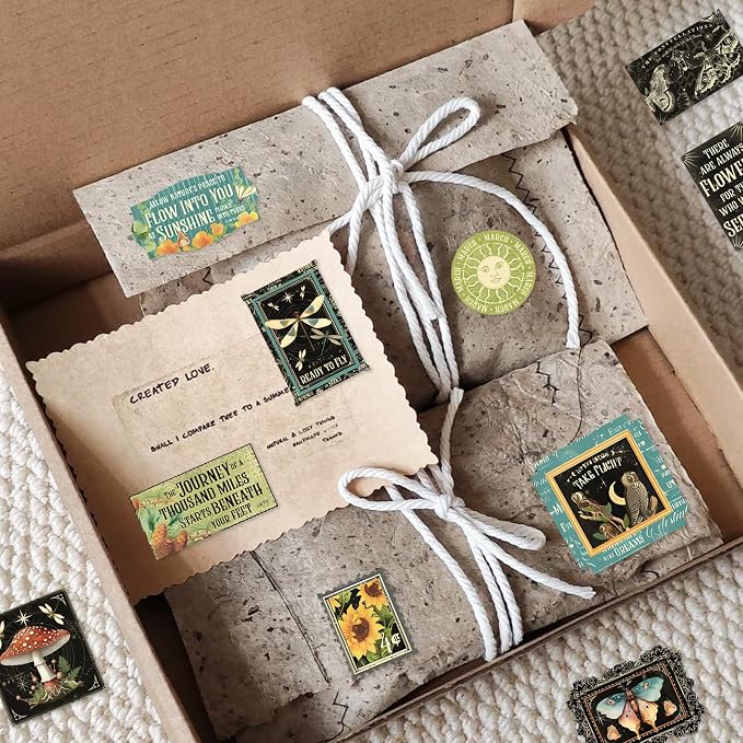 Bomichi 100 Pcs Postage Stamp Stickers, Aesthetic Insect Plants Decorative Stickers for Scrapbooking Bullet Journaling Planners DIY Calendars Notebook Junk Journal