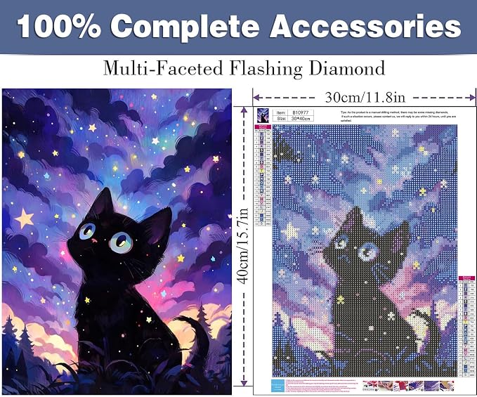 ijbnhd Cat Diamond Art Kits forAdults Starry Night, 12x16 inch
