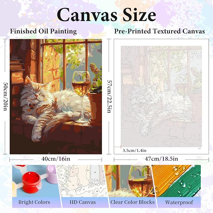 Paint by Numbers Kit for Adults, Sleeping Cat Number Painting Canvas Kit | DIY Acrylic Painting Set for Beginners, Stress Relief Relaxing Craft, Home Wall Decor, Holiday Gift for Adults, 16x20 Inch