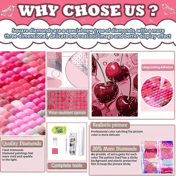 AIBOERL Diamond Art Kits for Adults,Square Drill Cherry Diamond Painting | Square Drill Cherry Diamond Painting for Beginners DIY Square Diamond Dot Painting Gem Art Kits,Home Wall Decor 12x16Inch