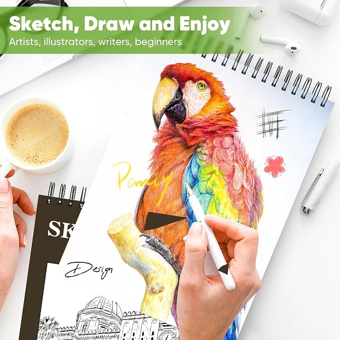 Soucolor Sketch Book 9x12, 100 Sheets Drawing Pad, Art Sketchbook for Kids | 68lb acid-free Paper,no bleed-through, clean erase, top spiral lay-flat, micro-perforated, for kids, adults, all skill levels