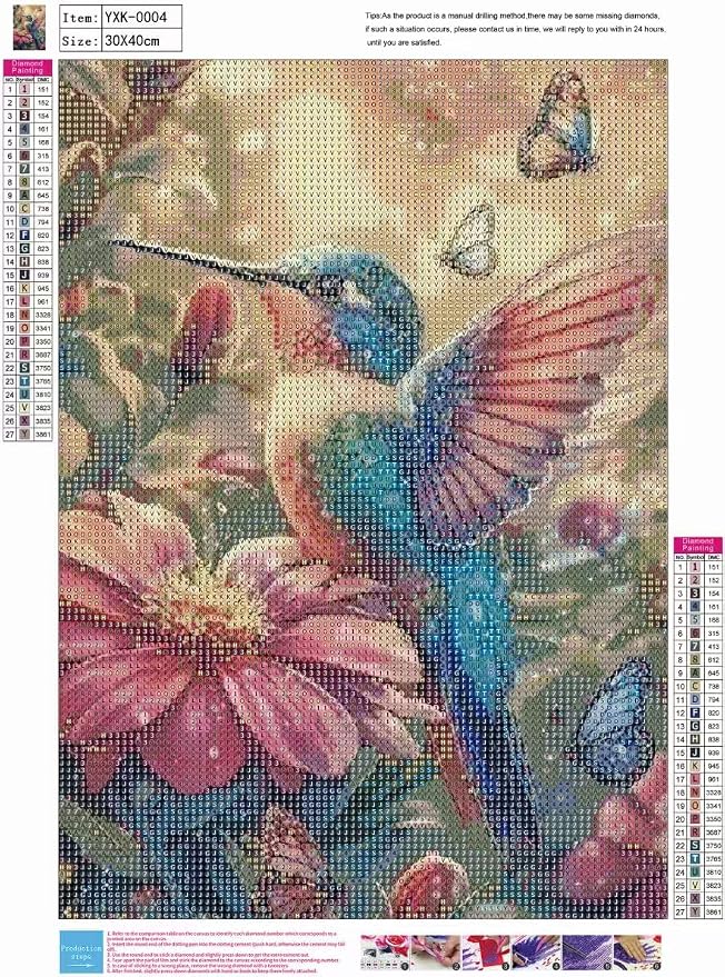 YUXUANKANG Diamond Art Kits for Adults, Hummingbird and Butterflies with Flowers Theme, 5D Diamond Painting Craft Set 12X16 Inch