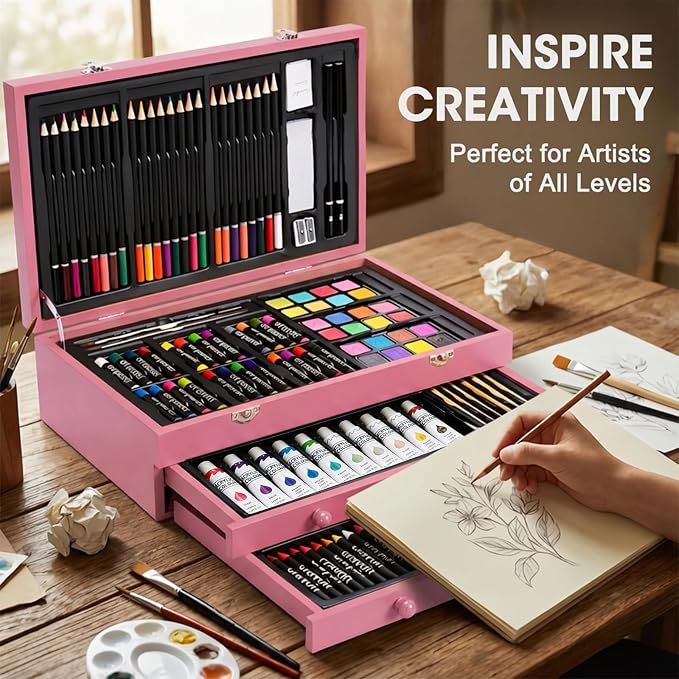 175-Pack Deluxe Wooden Art Set Drawing Painting Kit with 2 Drawing Pads, Acrylic Paints, Colored Pencils, Crayons, Paint Brush, Art Kit in Wooden Case, Gift for Artist, Adults, Teens and Kids