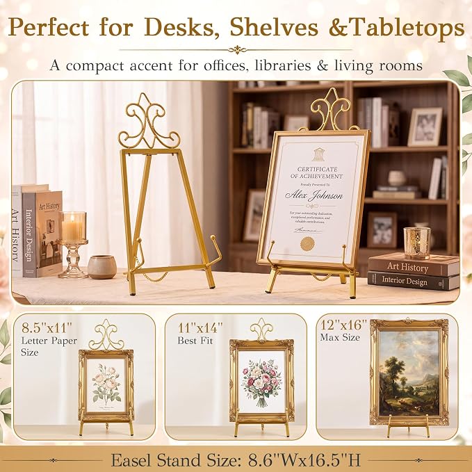 Pinkunn 19.1" H x 8.6" W Vintage Gold Metal Tabletop Easel Stand for Sign Display, Picture Holder for Wedding Table Decorations Art Stand for Painting Photos Books and Decorative Plates Pretty Easel