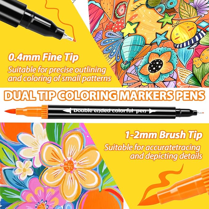 120 Colors Markers, Dual Fine & Brush Tip Coloring Markers Set, Watercolor Marker Pens, Art Drawing Supplies Marker Kit for Calligraphy, Coloring Book, Artist Adults Colors Illustrations, DIY Crafts