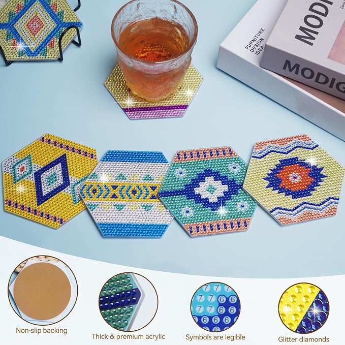 Vcekract 6 Pcs Hexagon Diamond Art Coasters Kit for Adults | Diamond Painting Coasters with Holder & Protective Backing, Diamond Art Adult Crafts for Table Home Decoration