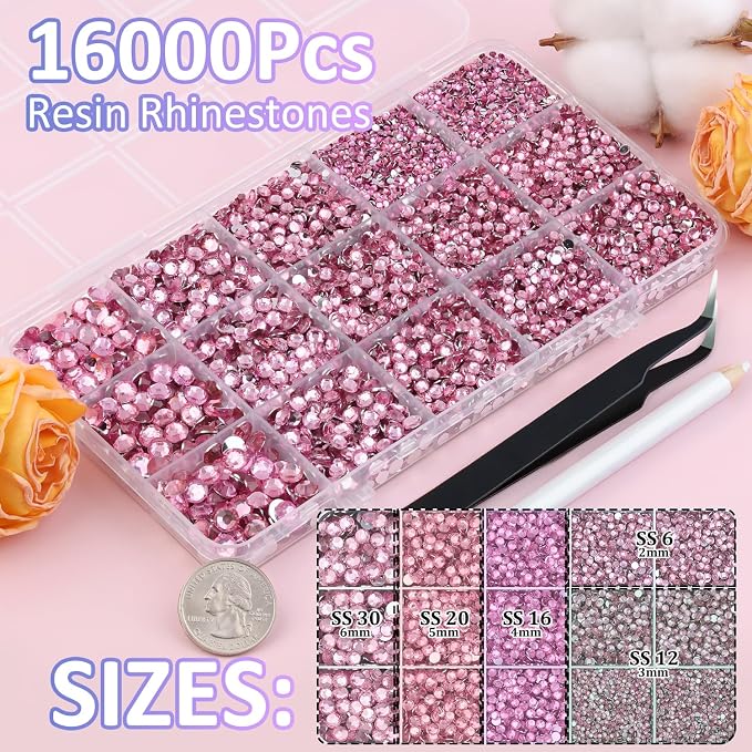 16000Pcs Resin Rhinestones with Tweezers for Crafting, Dark Pink 2-6mm Mixed Sizes Bedazzling Crystal with 3Pcs 10ml B7000 Jewelry Glue for DIY Crafts Clothing Tumblers Shoes Fabric Nail Art