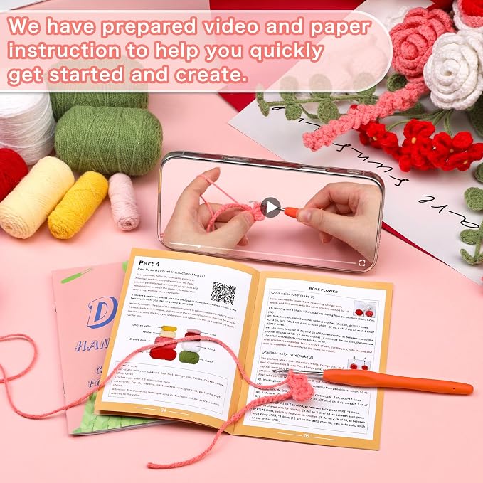 Iuuidu Crochet Kit for Beginners, Flower Bouquet Crochet Kit Rose Red