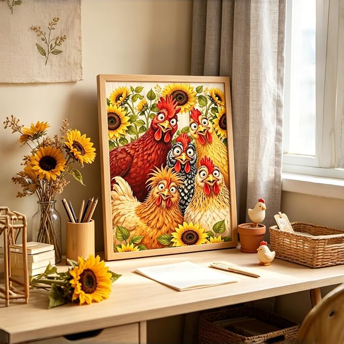 Diamond Painting Kit for Adults,Chicken Sunflower Diamond Art Kits 12x16In | 5D Full Round Drill Flower Animal Gem Painting Paint by Diamonds Relaxing DIY Craft for Home Wall Decor
