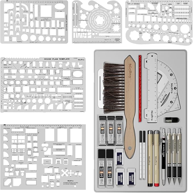 Nicpro 30PCS Professional Drafting Tools & Geometry Set with Case | Architect Protractor Set, Metal Mechanical Pencil Pen, Scale Metal Ruler, 5 Drawing Templates for Interior Design House Plan