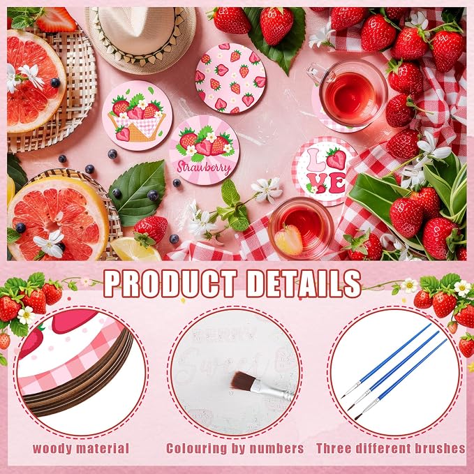 Reallnaive 8 Pcs Strawberry Paint by Numbers Kit for Adults Wooden Coasters | Mini Paint by Numbers, Tiny Pink Gnome Round Oil Painting Drink Coaster with Holder, for Small DIY Craft Birthday Gift