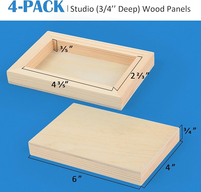 Falling in Art 4 Pack 4x6’’ Unfinished Birch Wood Panels Kit for Painting | Studio 3/4’’ Deep Wooden Canvas, Cradle Boards for Acrylic Pouring, Art, Crafts, Epoxy Resin, Laser Engraving Cutting
