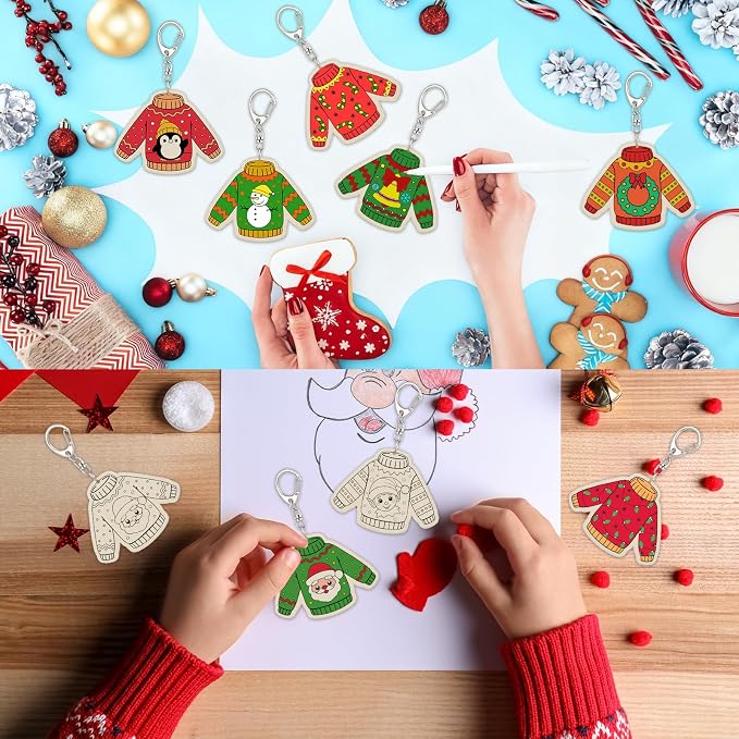 Trnayi 36 Pcs Christmas Ugly Sweater Wood Keychain DIY Craft | Christmas Ugly Sweater Wooden Keychain, Color Your Own Unfinished Craft, Blank Wood Painting DIY Craft, Holiday Art Project