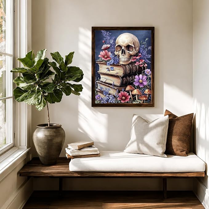 5D Vintage Skull Old Books Diamond Art kits for Adults Beginners 12x16inch | Wild Flower Diamond Painting Kit, DIY Full Round Drill Paint by Diamonds Dot Gem Art for Adult, Home Wall Decor