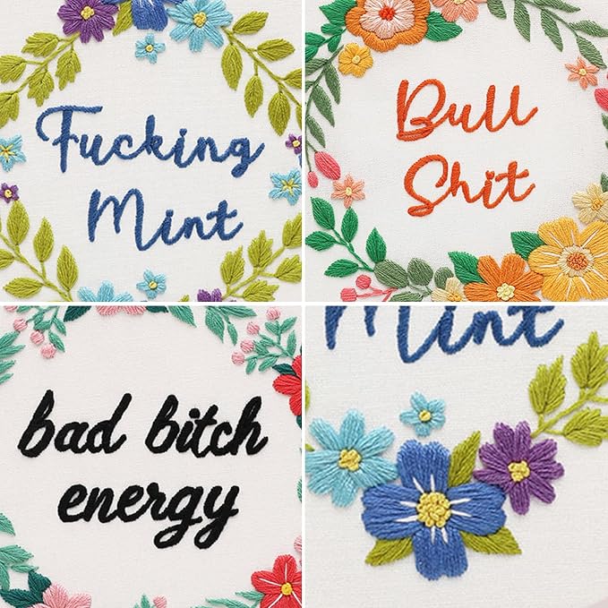 Louise Maelys 3 Pack Funny Quote Embroidery Kit for Beginners Floral | Cross Stitch Kits Include Pre-Printed Fabric, Embroidery Hoop, Threads, Needles and Guide. Needlepoint Kit for Beginners