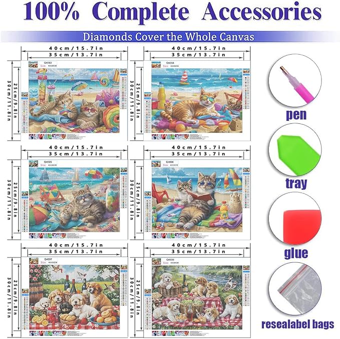 DOTSOPS 6 PcsCat Dog Diamond Painting Kits for Adults Art Painting Kit | Crafts DIY 5D Diamond Art Packs Kits,Round Full Drill for Adults,Beginner Home Wall Decoration Gift 11.8 x 15.7 Inches