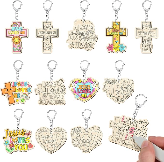 Trnayi 36 Pcs Wood Jesus Loves Me Keychain Color Your Own DIY Craft | Jesus Loves Me Wooden Keychain, Color Your Own Unfinished Craft, Blank Wood Painting DIY Craft, for Religious Art Project