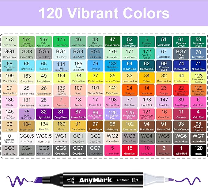 AnyMark Alcohol Markers, 120 Colors Dual Tip Art Coloring Markers Set | Alcohol Based Markers for Adult Book Drawing Sketching Painting, Chisel & Fine, Black Penholder