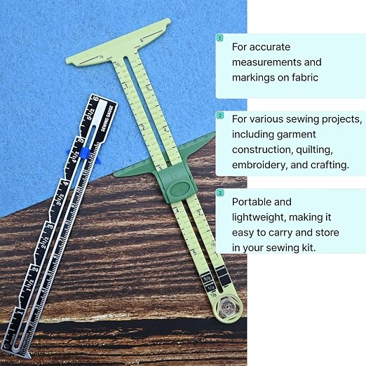 Sewing Gauge Measuring Tool Set 5-in-1 T-Shaped Sliding Gauge Ruler,Acrylic Fabric Quilting Ruler,Essential Sewing Tools&Quilting Accessories for Hemming,Seam Allowance,Button Spacing 2 Pieces