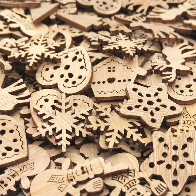 DIYOMR 200Pcs Hollow Wood Pieces Unfinished Wooden Vintage Embellishments Decorative Accessories for Graffiti Home Decor DIY Scrapbooking Handmade Crafts (Winter)