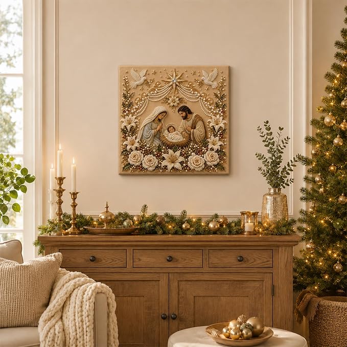 DIY Christmas Pearl Diamond Painting Kit, 5D Pearl Art Craft for Adults and Beginners, Christmas Church and Jesus Wall Decor, Holiday Gifts, 12 x 12 Inch (Jesus Design A)