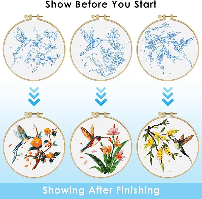 ERKOON 3 Sets Embroidery Kit, Hummingbird Cross Stitch Set for Include Embroidery Cloth Hoops Threads for Craft Lover Hand Stitch (Hummingbird)